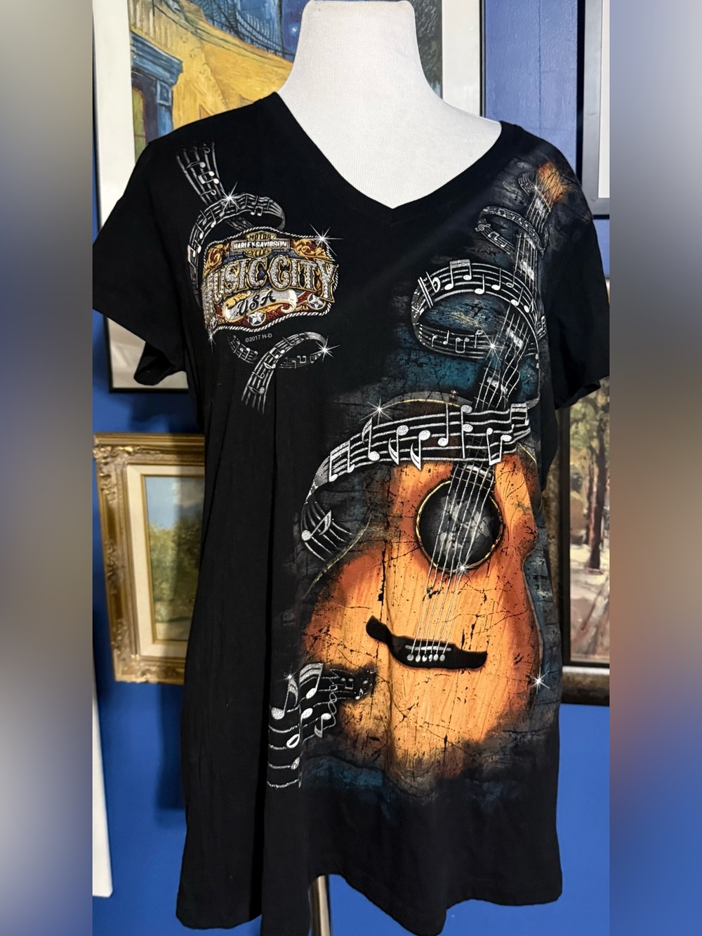 Harley-Davidson Black V-Neck Shirt with Orange Guitar Graphic
